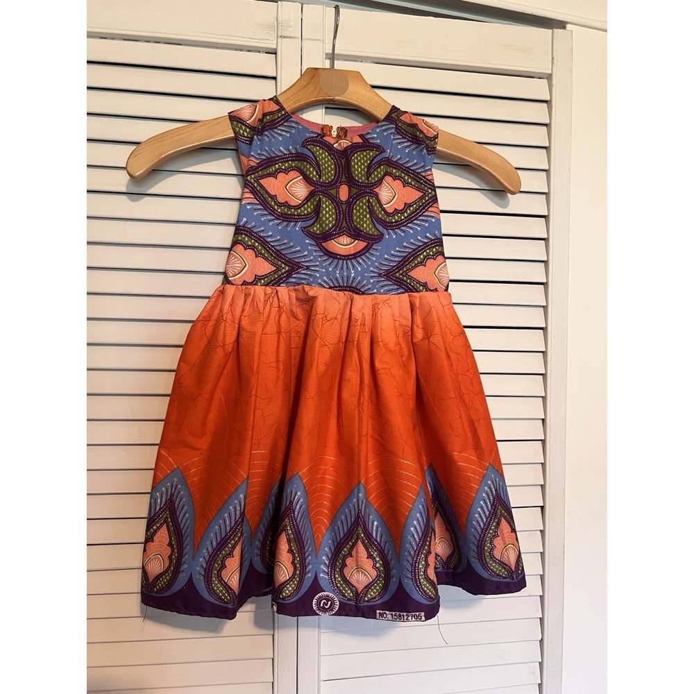 NIGERIAN AFRICAN Kids Girls Dress Size 4T Handmade‎ Aline Sleeveless Orange Blue